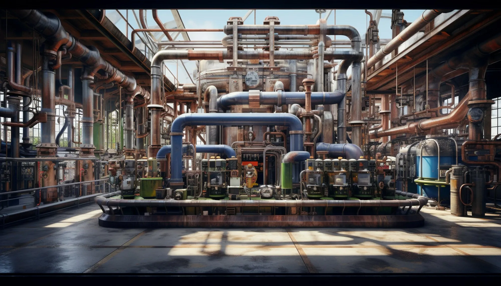 Industrial process plant with piping and valves