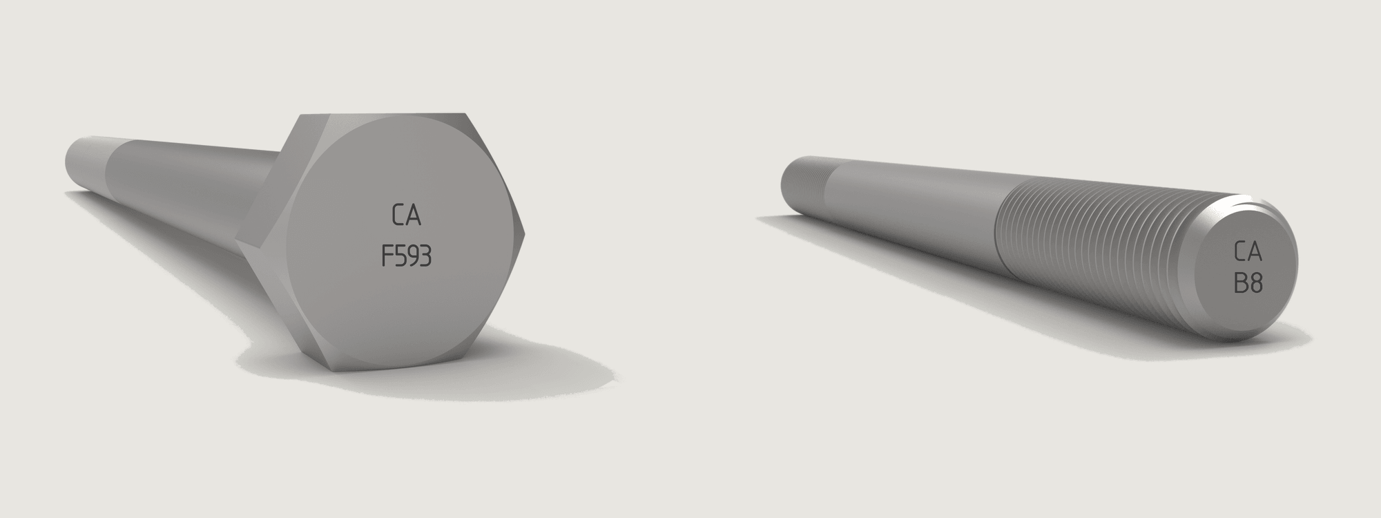 F593 stainless hex bolt beside an A193 B8 stainless stud bolt — staged silver-tone product shot